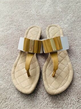 lindsay phillips White and Mustard Bow Thong Sandals